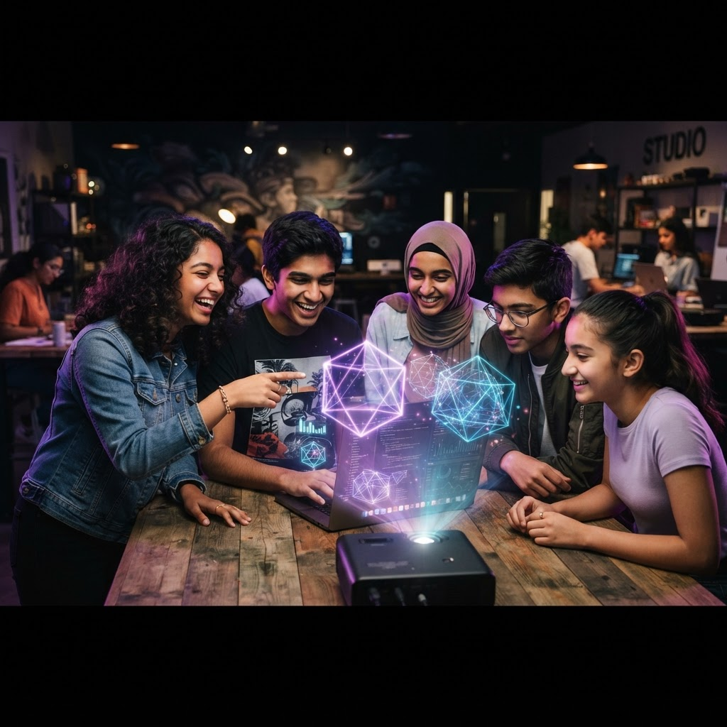 Students collaborating with creative AI tools in a modern learning studio